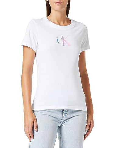 Calvin Klein Jeans Damen T-Shirt Kurzarm Gradient Rundhalsausschnitt, Weiß (Bright White), im Sale